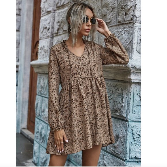 SHEIN Dalmatian Print Tie Neck Smock Dress Khaki - Picture 3 of 15
